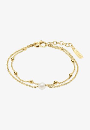 Gold double chain bracelet featuring round beads and a central white pearl, secured with a lobster clasp and adjustable length.