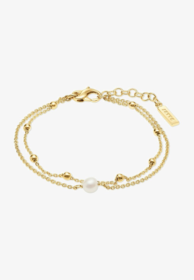 Bracciale a doppia catena in oro con perline tonde e una perla bianca centrale, chiuso con un gancio a molla e lunghezza regolabile.
