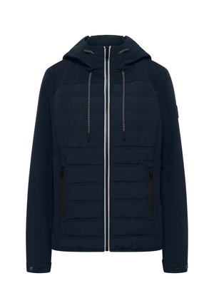 Chaqueta azul marino con capucha, parte delantera acolchada, cremallera completa, cordones negros con patrón blanco, bolsillos laterales con cremallera y puños con botones.