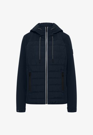 Granatowa kurtka z kapturem z pikowaną przednią częścią, pełnym zamkiem, czarnymi sznurkami z białym wzorem, zapinanymi na zamek bocznymi kieszeniami i mankietami na guziki.