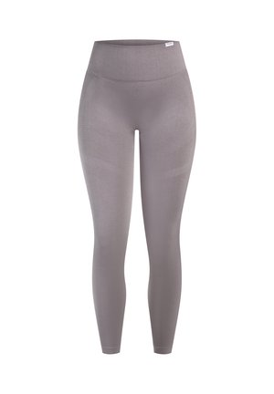 Leggings met hoge taille en aansluitende pasvorm, gemaakt van een zachte grijze stof, met een gladde textuur en zonder zichtbare patronen of hardware.