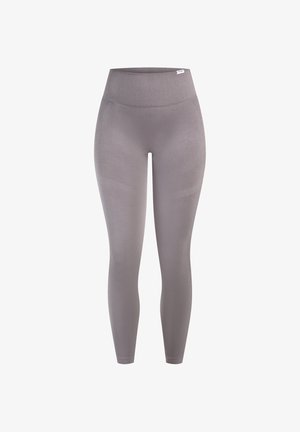 Højttaljede, kropsnære leggings i blødt gråt materiale med en glat tekstur uden synlige mønstre eller beslag.