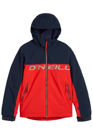 Rote und marineblaue, kapuzenjacke mit Reißverschluss vorne und Taschen. Enthält das O'Neill-Logo in Silber über der Brust. Glattes, wasserfestes Material.