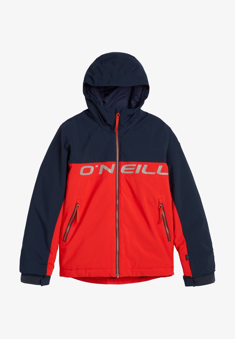Veste à capuche rouge et marine avec fermeture éclair à l'avant et poches. Présente le logo O'Neill en argent sur la poitrine. Matériau lisse et imperméable.