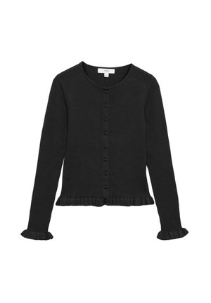 Schwarze, gerippte Strickjacke mit langen Ärmeln, Rundhalsausschnitt, kleinen Knöpfen vorne und Rüschen an den Bündchen und am Saum.