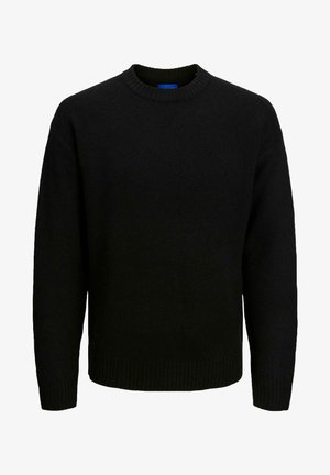 Pulover negru din tricot, cu guler rotund, mâneci lungi și detalii ribb la guler și la margine. Textură moale, potrivire casuală.