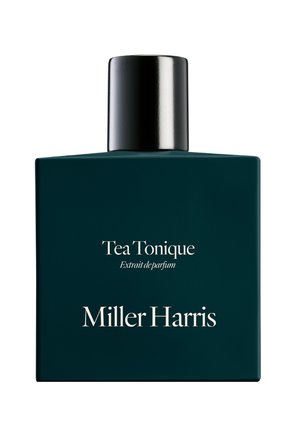 Dunkelgrüne rechteckige Parfümflasche mit schwarzem Verschluss, beschriftet mit "Tea Tonique Extrait de parfum" und dem Markennamen "Miller Harris" in weißer Schrift.