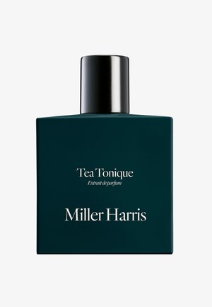Dunkelgrüne rechteckige Parfümflasche mit schwarzem Verschluss, beschriftet mit "Tea Tonique Extrait de parfum" und dem Markennamen "Miller Harris" in weißer Schrift.