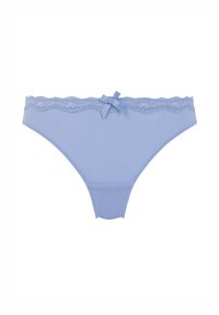 Hellblaue Bikini-Höschen aus geripptem Stoff, mit Spitzenbesatz am Bund und einem kleinen Schleifendetail in der Mitte vorne.