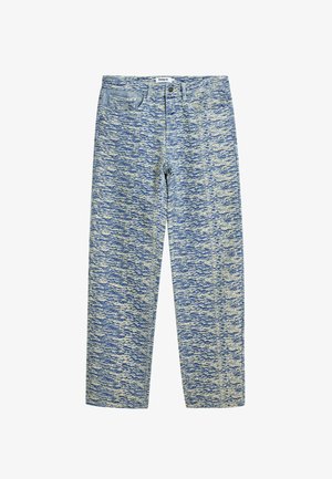 Light blue denim jeans with a textured, wave-like pattern in darker blue and cream colors. Features a standard five-pocket design and front button closure.