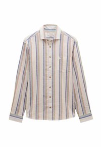 Pika varrukatega linane särk, millel on hele kreemjas taust, vertikaalsed triibud sinises, roosas ja rohelises, ning rinnatasku.