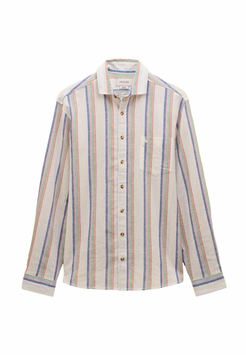 Pika varrukatega linane särk, millel on hele kreemjas taust, vertikaalsed triibud sinises, roosas ja rohelises, ning rinnatasku.