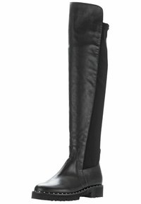 Zwarte boven-de-knie laarzen met een elegante leren bovenkant, stoffen achterkant, ronde neus, dikke rubberen zool en zichtbare stiksels.