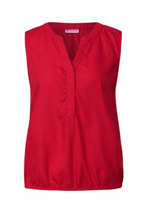 Débardeur rouge sans manches avec un col en V et une patte de boutonnage. Présente une taille froncée pour un ajustement décontracté. Texture de tissu lisse.