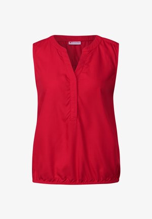 Débardeur rouge sans manches avec un col en V et une patte de boutonnage. Présente une taille froncée pour un ajustement décontracté. Texture de tissu lisse.