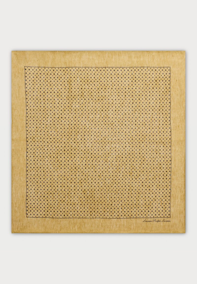 Beige tablecloth with a grid of small, evenly spaced black dots; framed with a thin black border. Smooth texture, rectangular shape.