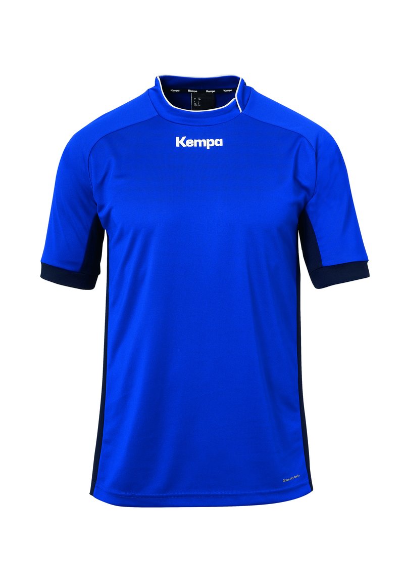 Blauw sportshirt van synthetisch materiaal. Beschikt over een ronde hals, korte mouwen en zwarte accenten op de mouwen en zijkanten. Merklogo op de voorkant.