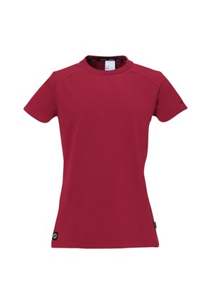 Red short-sleeve t-shirt made of smooth fabric, featuring a crew neck and tagless label inside. Includes a small logo on the sleeve.
