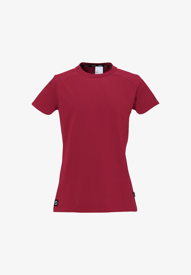 Rode T-shirt met korte mouwen, gemaakt van gladde stof, met een ronde hals en een label zonder tag aan de binnenkant. Bevat een klein logo op de mouw.