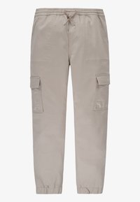 Beżowe spodnie cargo z elastycznym paskiem, sznurkiem, bocznymi kieszeniami z klapami oraz elastycznymi mankietami, prezentowane na białym tle.