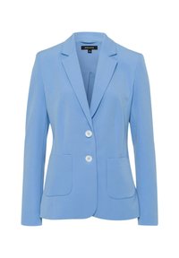 Vaaleansininen bleiseri, jossa on kaksi etutaskua, lovetetut kaulukset ja kaksipainikekiinnitys, tehty sileästä, kevyestä kankaasta.