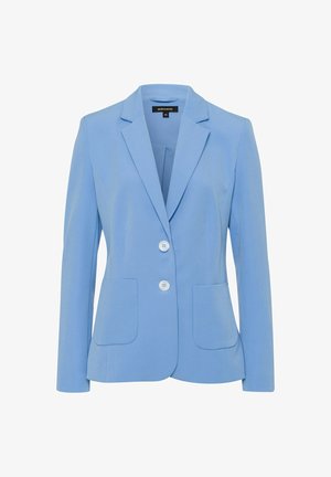 Vaaleansininen bleiseri, jossa on kaksi etutaskua, lovetetut kaulukset ja kaksipainikekiinnitys, tehty sileästä, kevyestä kankaasta.