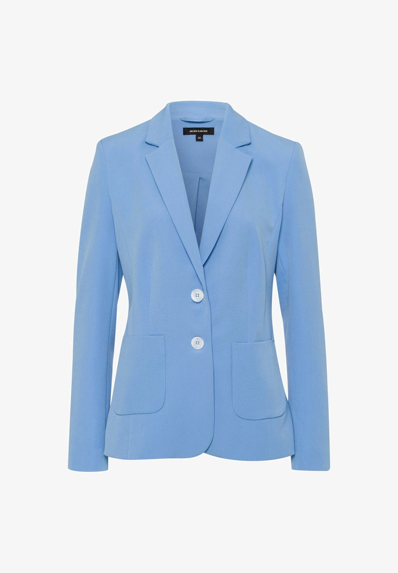 Vaaleansininen bleiseri, jossa on kaksi etutaskua, lovetetut kaulukset ja kaksipainikekiinnitys, tehty sileästä, kevyestä kankaasta.