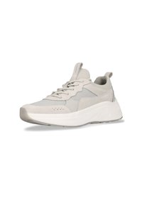 Hellgraue Sneaker mit einem Obermaterial aus Mesh und Wildleder, gerundeter Zehenpartie, schnürbarer Vorderseite, gepolstertem Kragen und dicker weißer Sohle.