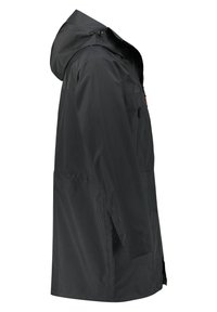 Imperméable noir avec capuche, manches longues et poche poitrine zippée, vu de côté.
