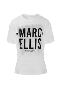 Witte katoenen t-shirt met vetgedrukte zwarte tekst "MARC ELLIS NEW YORK" op de voorkant, met een gestructureerd achtergrondpatroon en korte mouwen.