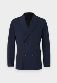 Sacou bleumarin cu două rânduri de nasturi dintr-un material texturat, dotat cu două buzunare frontale, rever înclinat și nasturi decorativi în față.