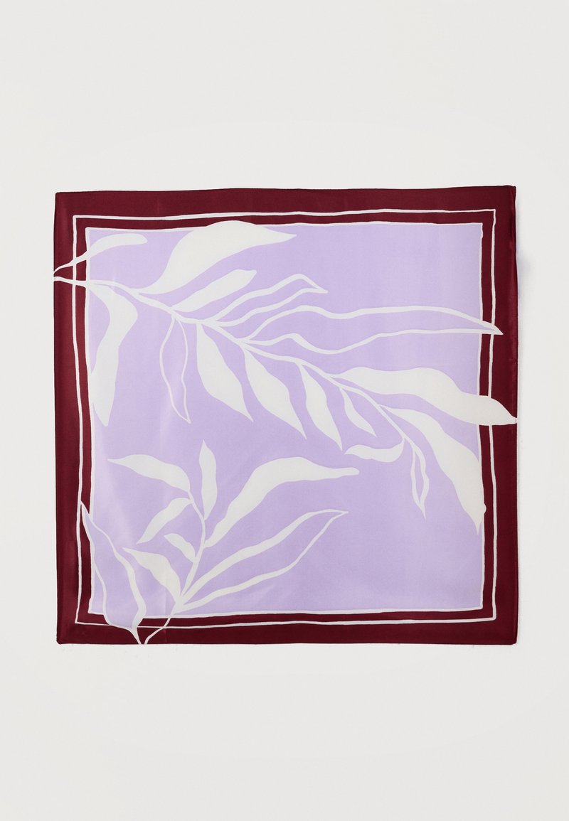 Τετράγωνο μαντήλι με ανοιχτό μοβ κέντρο, λευκό αφηρημένο φυλλώδες μοτίβο και σκούρο κόκκινο περίγραμμα με λευκές γραμμές.