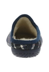 Chausson en navy et à carreaux avec une doublure intérieure douce. Talon arrondi et semelle texturée pour une meilleure adhérence. Matériau en mélange de laine avec un aspect douillet.