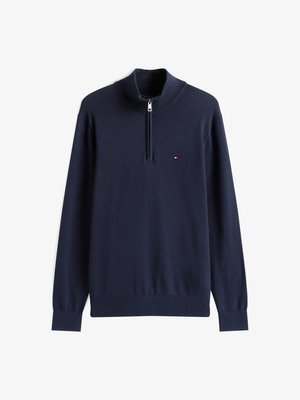 Navy blue zip-up sweater with a high collar, ribbed cuffs, and hem; features a small logo on the chest; made of soft knit material.