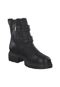 Svart läderankelboot med dubbel remdetalj, sidodragkedja och kraftig gummisula. Slät yta och rundad tådesign.