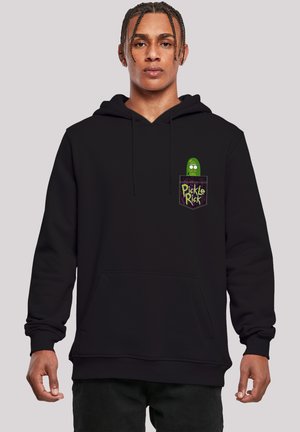 Black hooded sweatshirt featuring a green "Pickle Rick" graphic on the chest pocket, made of soft fabric with a front pouch.