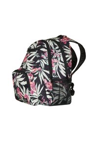 Zaino con tessuto nero decorato da un motivo floreale tropicale in rosa e verde. Include diversi scomparti con zip e una tasca laterale in rete.