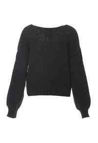 Maglione nero in maglia con un design ampio, maniche a palloncino e orlo ribattuto. Presenta una texture a maglia morbida e un collo leggermente scollato sulla spalla.