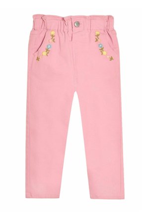 Pink cotton pants with a gathered waistband, front pockets, and floral embroidery in yellow, blue, and green on the front.