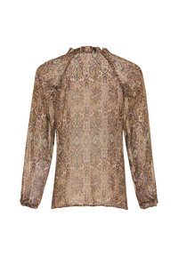 Gennemsigtig bluse med lange ærmer, der har et paisley-mønster i nuancer af brun, orange og grøn. Blusen har en samlede halsudskæring og elastiske mansjetter.