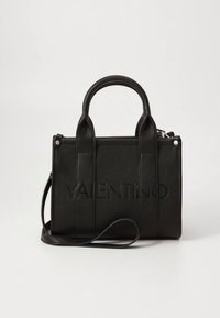 Black leather handbag with embossed "VALENTINO" logo, top handles, structured design, and detachable shoulder strap.