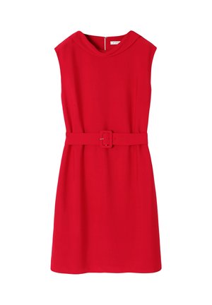 Rochie roșie fără mâneci, cu guler înalt, detaliu cu brâu la talie și fermoar la spate. Fabricată dintr-un material neted. Siluetă clasică în formă de A.