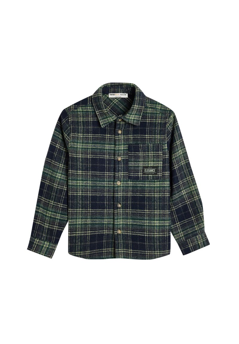 Flanellen shirt met een marineblauw en groen geruit patroon, lange mouwen, knoopsluiting aan de voorkant en een enkele borstzak met het label "ELEGANCE".