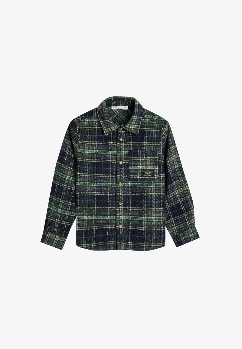 Camicia in flanella con un motivo a quadri blu navy e verde, maniche lunghe, chiusura con bottoni e una tasca sul petto con l'etichetta "ELEGANCE".