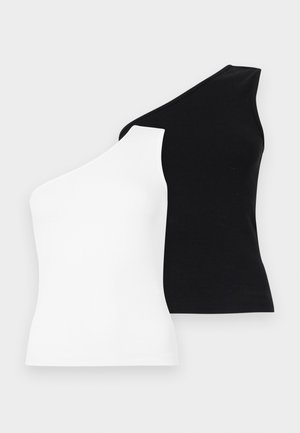 Asimetrinės tankų marškiniai juodos ir baltos spalvos. Pagaminti iš nėrinių audinio su viena peties konstrukcija. Lygi tekstūra ir prigludusi forma.