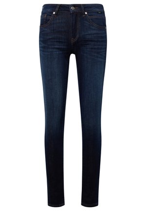 Dark blue denim jeans with a fitted design, featuring a front button and zip closure, five pockets, and contrasting stitching details.