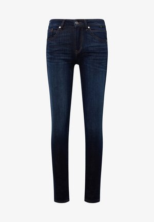 Dark blue denim jeans with a fitted design, featuring a front button and zip closure, five pockets, and contrasting stitching details.