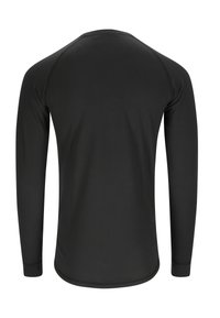 Long-sleeve black shirt from the back, made of smooth fabric, features a round neckline and flat seams. No patterns or embellishments.