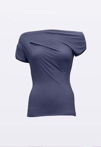 Lila schulterfreies Oberteil aus weichem, dehnbarem Stoff. Verfügt über ein drapiertes Design mit subtiler Textur und enger Passform. Kurze Ärmel.