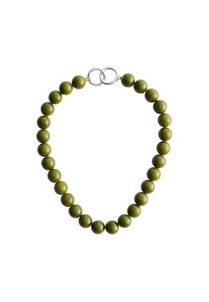 Green rounded bead necklace with a smooth, glossy finish, featuring a silver clasp and evenly spaced spherical beads.